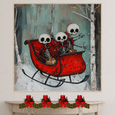Whimsical Skeleton Sleigh Ride Christmas Print – Gothic Holiday Wall Art with Skeleton Friends in Red Sleigh, Spooky Winter Decor, Quirky Festive Illustration on Ready to Hang 1.5" Thick Canvas Wrap, Floating Framed Canvas, Flat Rolled Canvas